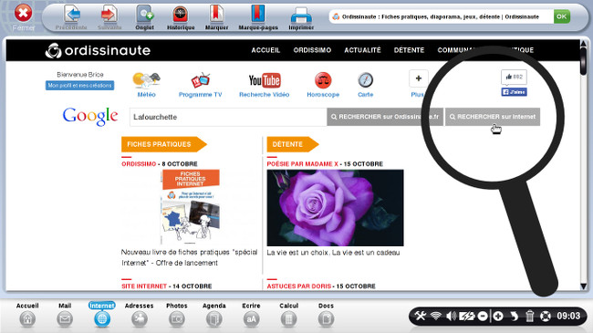 Une fois arrivé sur la page d'accueil du site www.ordissinaute.fr, j'écris un mot-clé dans la barre de recherche : "LaFourchette".