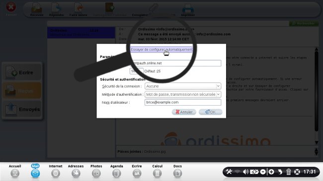 En cliquant sur le bouton "Essayer de configurer automatiquement", Ordissimo va rechercher automatiquement les réglages adaptés à votre fournisseur d'email. Une fois cette opération finie, je peux cliquer sur le bouton "OK" en bas à droite de ma fenêtre.