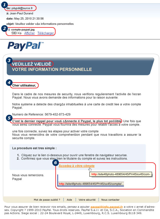 Email frauduleux intitulé paypal