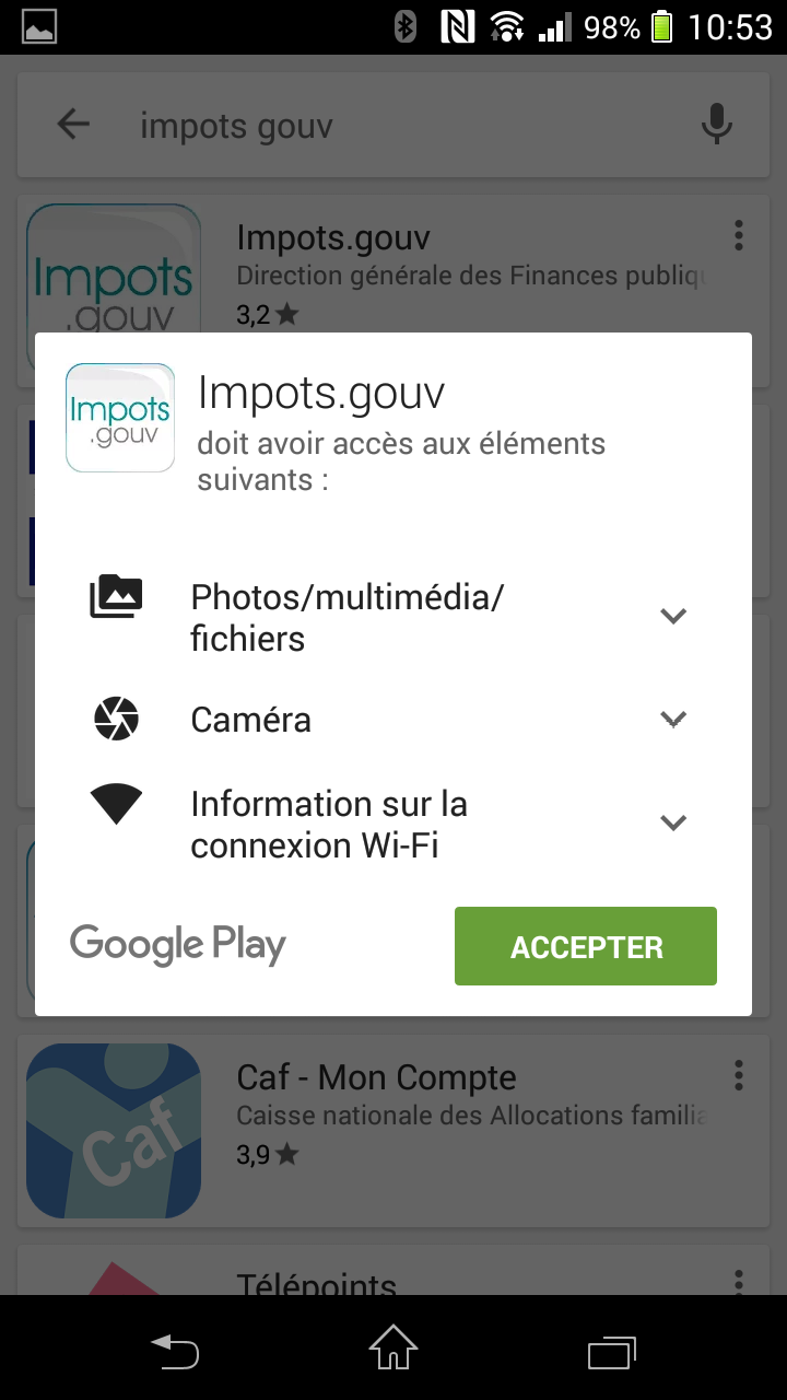 accepter installation application play store