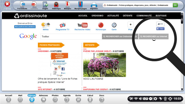 Une fois arrivé sur la page d'accueil du site www.ordissinaute.fr, j'écris un mot-clé dans la barre de recherche : "Twitter".
