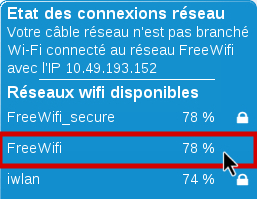 Vue sur l'état des connexions réseau, Une fois que ce réseau Wifi est supprimé, on observe qu'il n'y a plus de coeur en face de la connexion "FreeWifi".