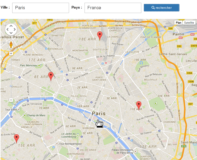Vue sur la carte de l'annuaire des Ordissinautes, me voici sur la ville de Paris, 4 ordissinautes sont indiqués à travers les bulles rouges.