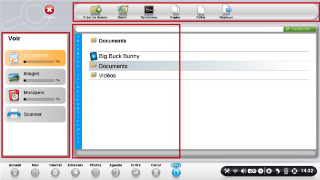 Voici l'application "Documents" avec trois parties : la barre d'outils, la partie "Répertoire" et le contenu du répertoire