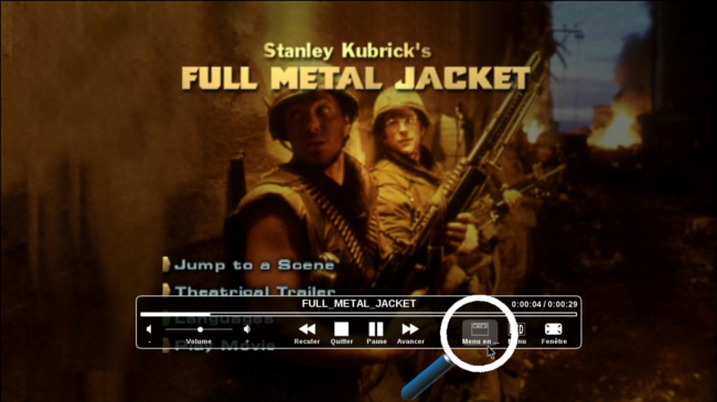 Vue sur le DVD, je clique sur le bouton "Mettre en haut" afin de voir correctement le menu du DVD en bas de l'écran.