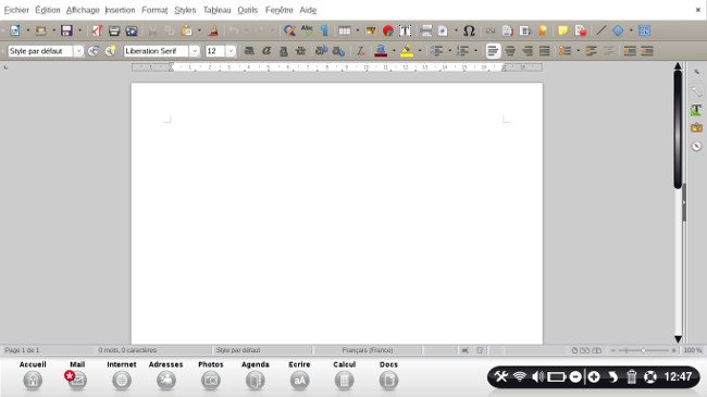 Page d'accueil de l'application "LibreOffice Writer".