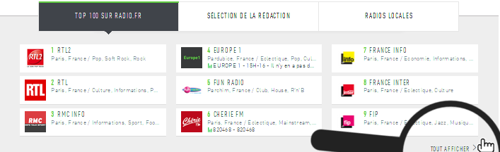  cliquer sur "TOUT AFFICHER" en bas à droite de l'écran pour afficher le "Top 100 sur radio.fr" 