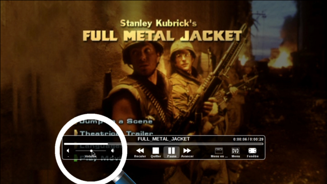Vue sur le DVD, afin de régler le volume, je clique sur le curseur du volume et le fais glisser de gauche à droite.