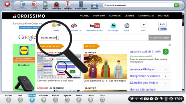 Me voici sur la page d'accueil du site Ordissinaute.fr. J'écris le nom "Transfernow" dans la barre de recherche, puis je clique sur "Rechercher" à droite de l'encadré.