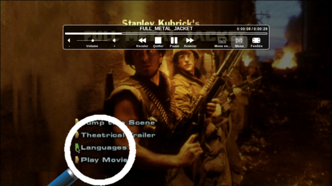Vue sur le DVD, je souhaite visionner mon film en français, pour cela je clique sur "Languages".