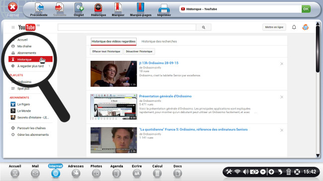 En cliquant sur le bouton "Historique", j'ai accès à la liste des vidéos que j'ai regardé dans le passé sur Youtube.